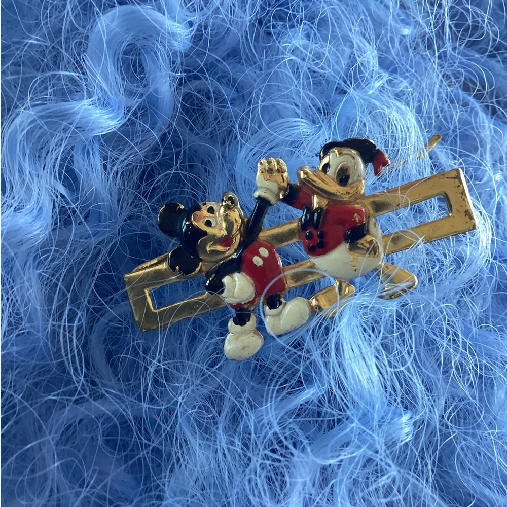 Vintage Disney Mickey and Donald Hair Clip - Red and Gold